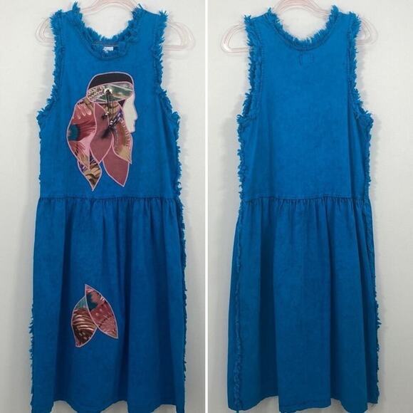 Vintage Southwestern Indian Print Denim Dress Women's Small